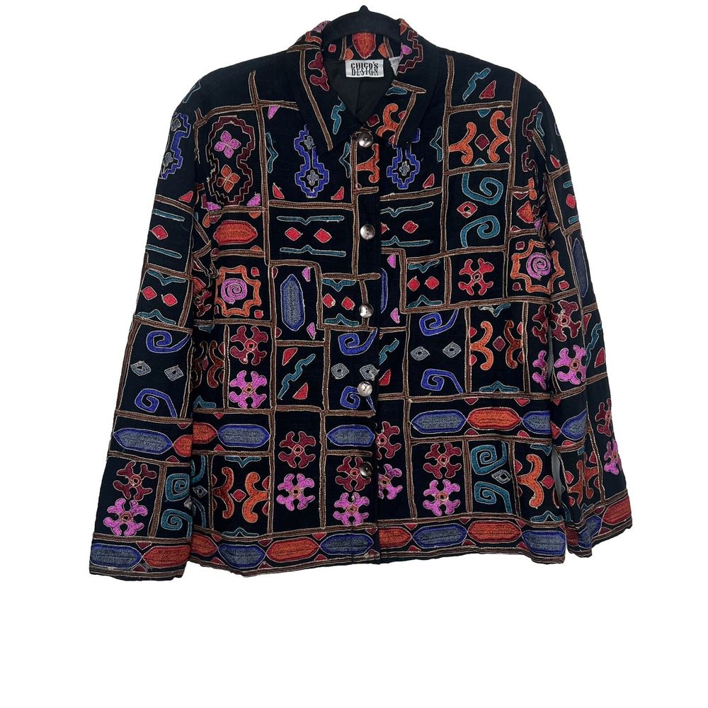 Chico's Design Shirt Jacket Women's 0 Small Black Artsy Abstract Vintage 80s 90s